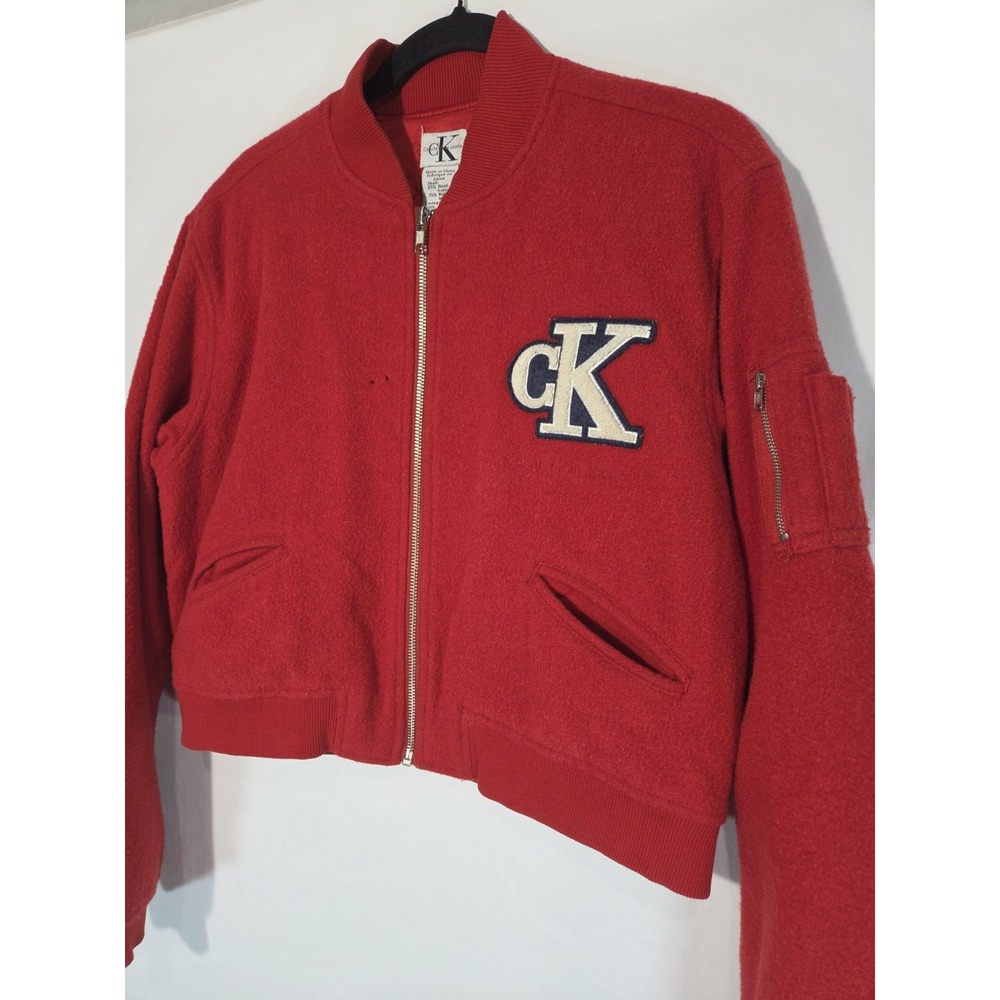 Vintage Calvin Klein Bomber Jacket Red Wool Blend Sz Large Varsity CK Monogram